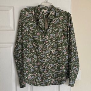 J. Crew Collection Silk Green button down Shirt w/ Pink and gray print Sz 12